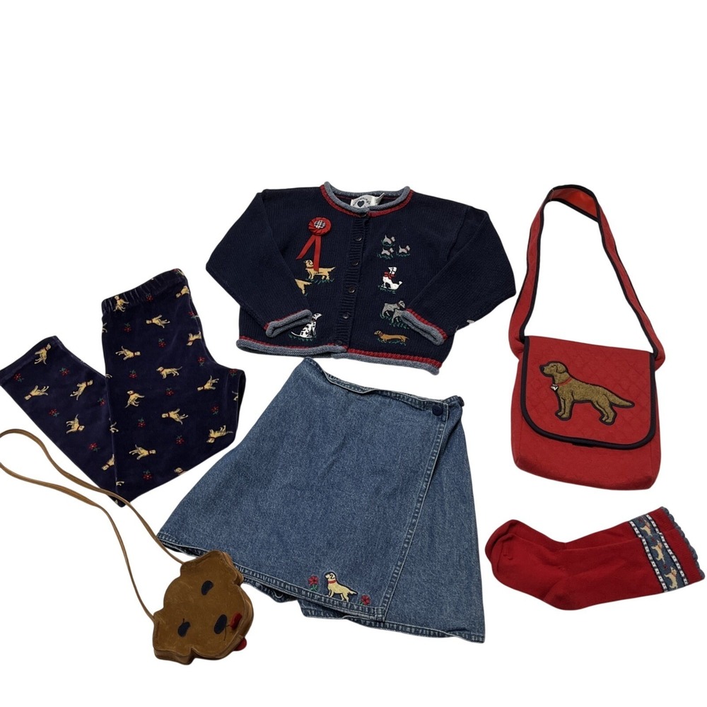 Vintage Heartstrings Outfit Blue Dog Puppy Embrodiered Sweater Skirt Purse Pants